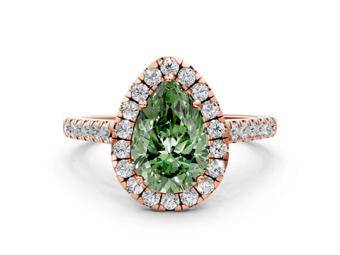 Rose gold Fancy Green Pear Cut Halo Pave Diamond Engagement Ring with Four-Prong Setting