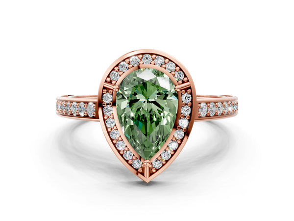 Rose gold Fancy Green Pear  Cut Halo Pave Split Shank Prong Setting Ring