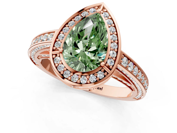 Rose gold Fancy Green Pear  Cut Halo Pave Split Shank Prong Setting Ring