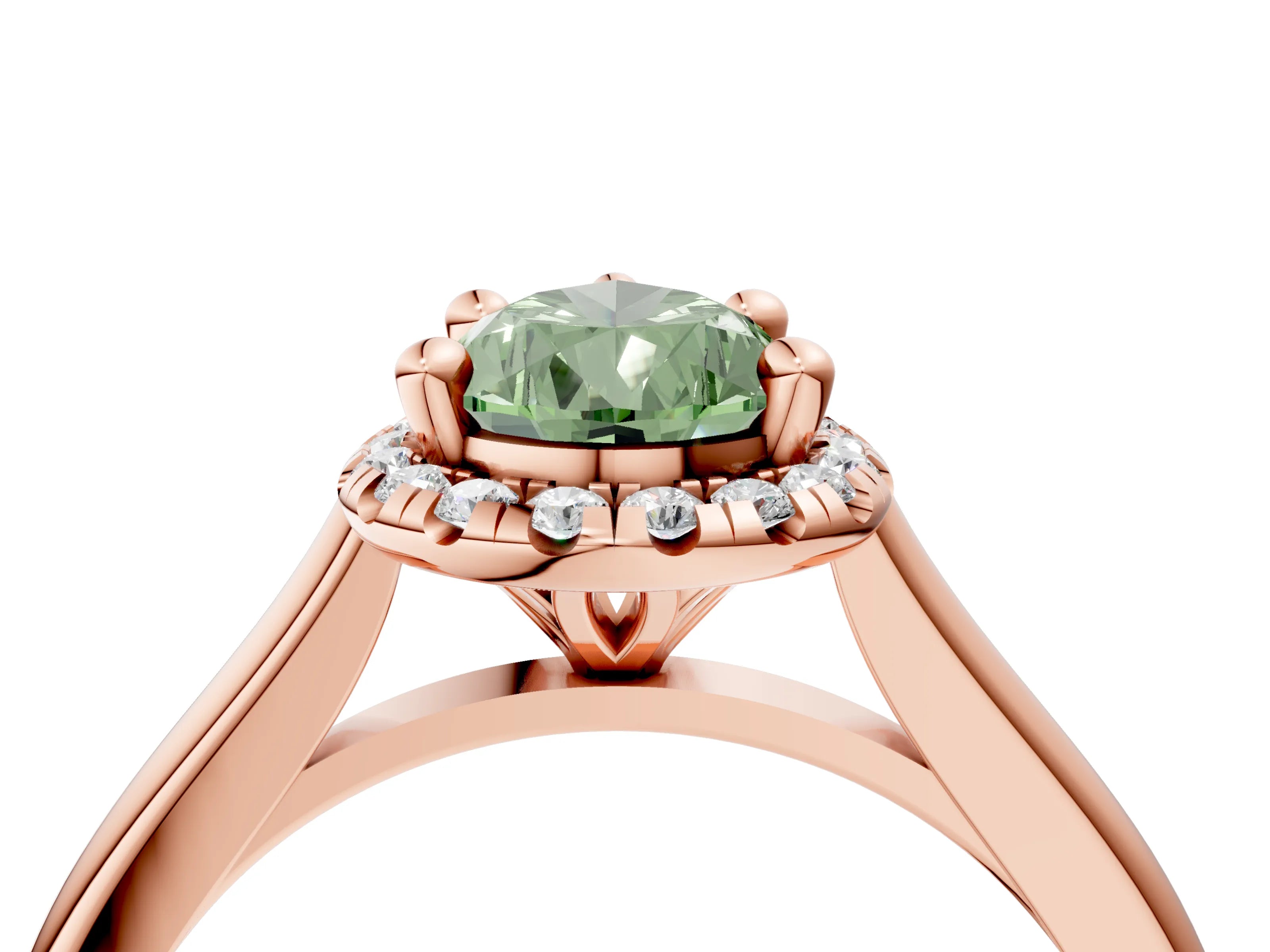 Rose gold Fancy Green Pear Cut Halo Round Diamond Solitaire Engagement Ring with Pave Band and Four-Prong Setting_16