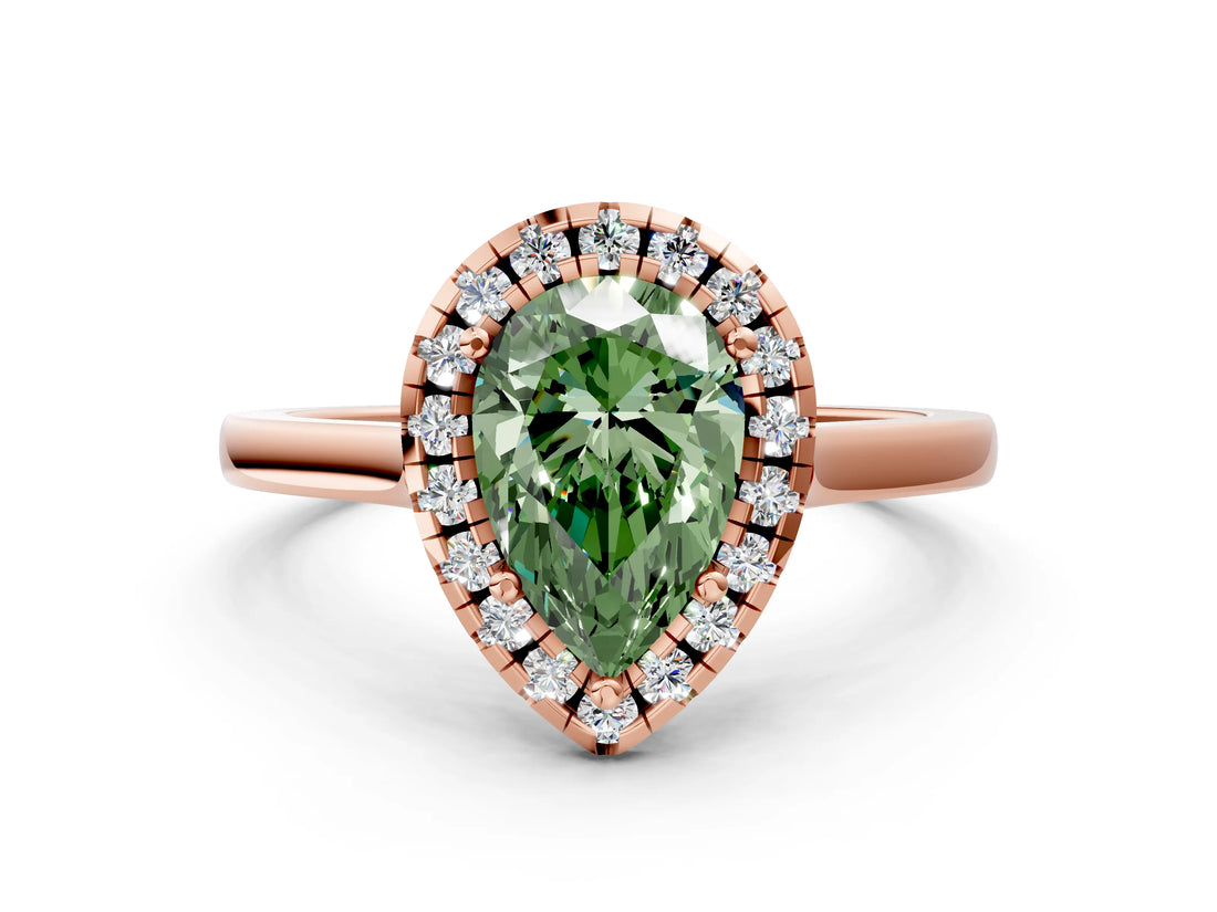 Rose gold Fancy Green Pear Cut Halo Round Diamond Solitaire Ring with Pavé Band and Four-Prong Setting_12