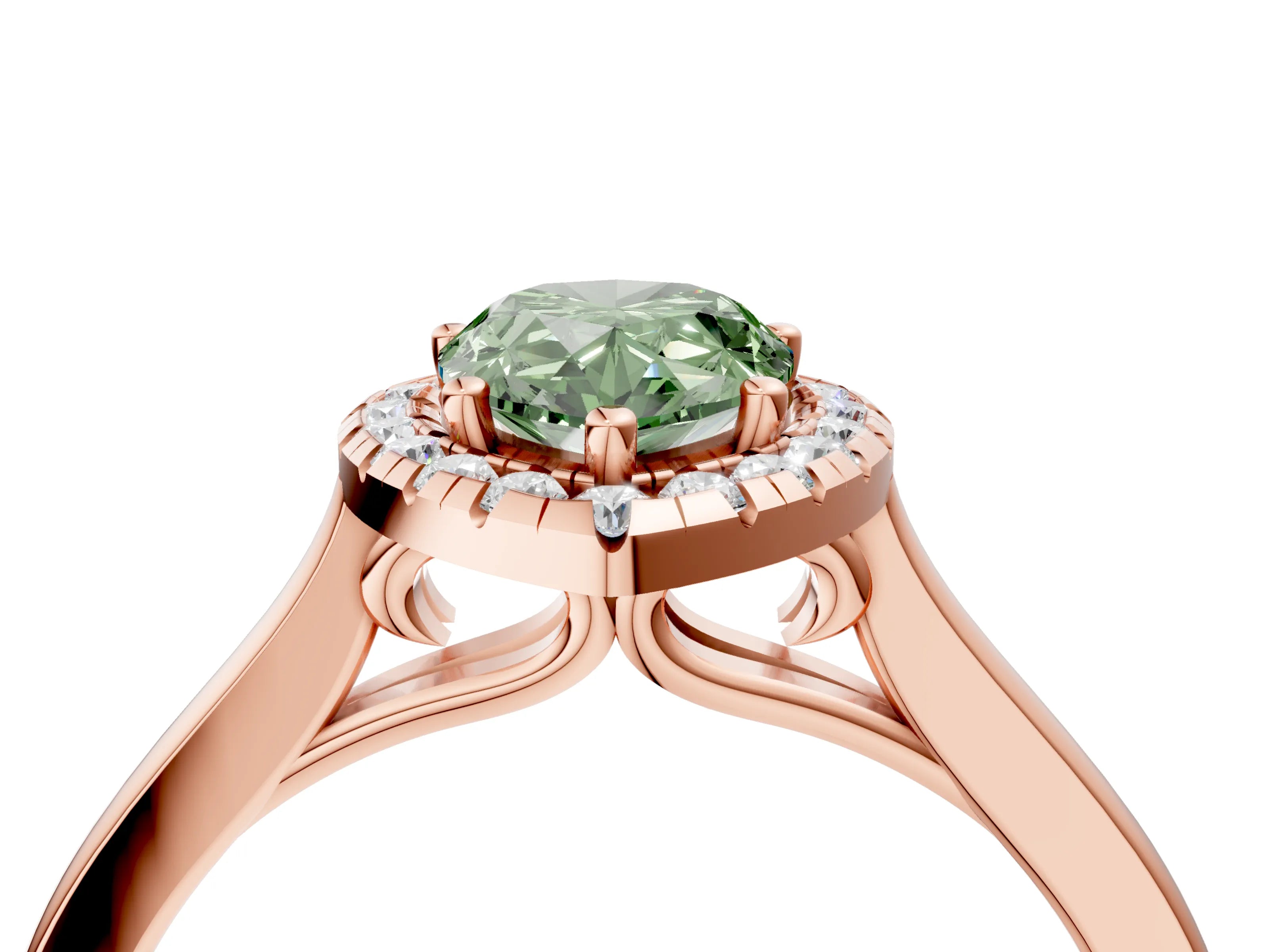 Rose gold Fancy Green Pear Cut Halo Round Diamond Solitaire Ring with Pavé Band and Four-Prong Setting_16