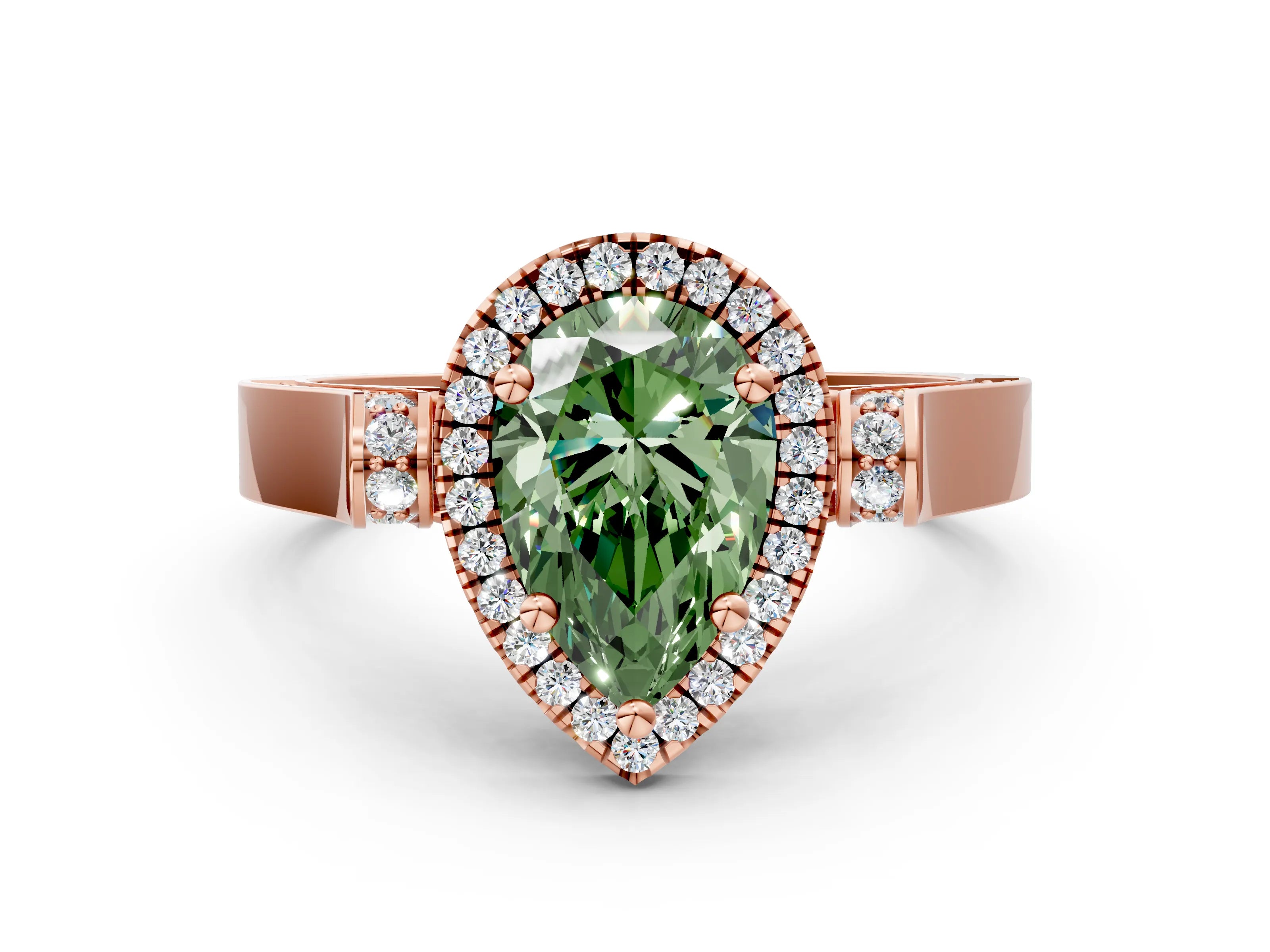 Rose gold Fancy Green Pear Cut Halo Round Diamond Twist Band with Four-Prong Setting