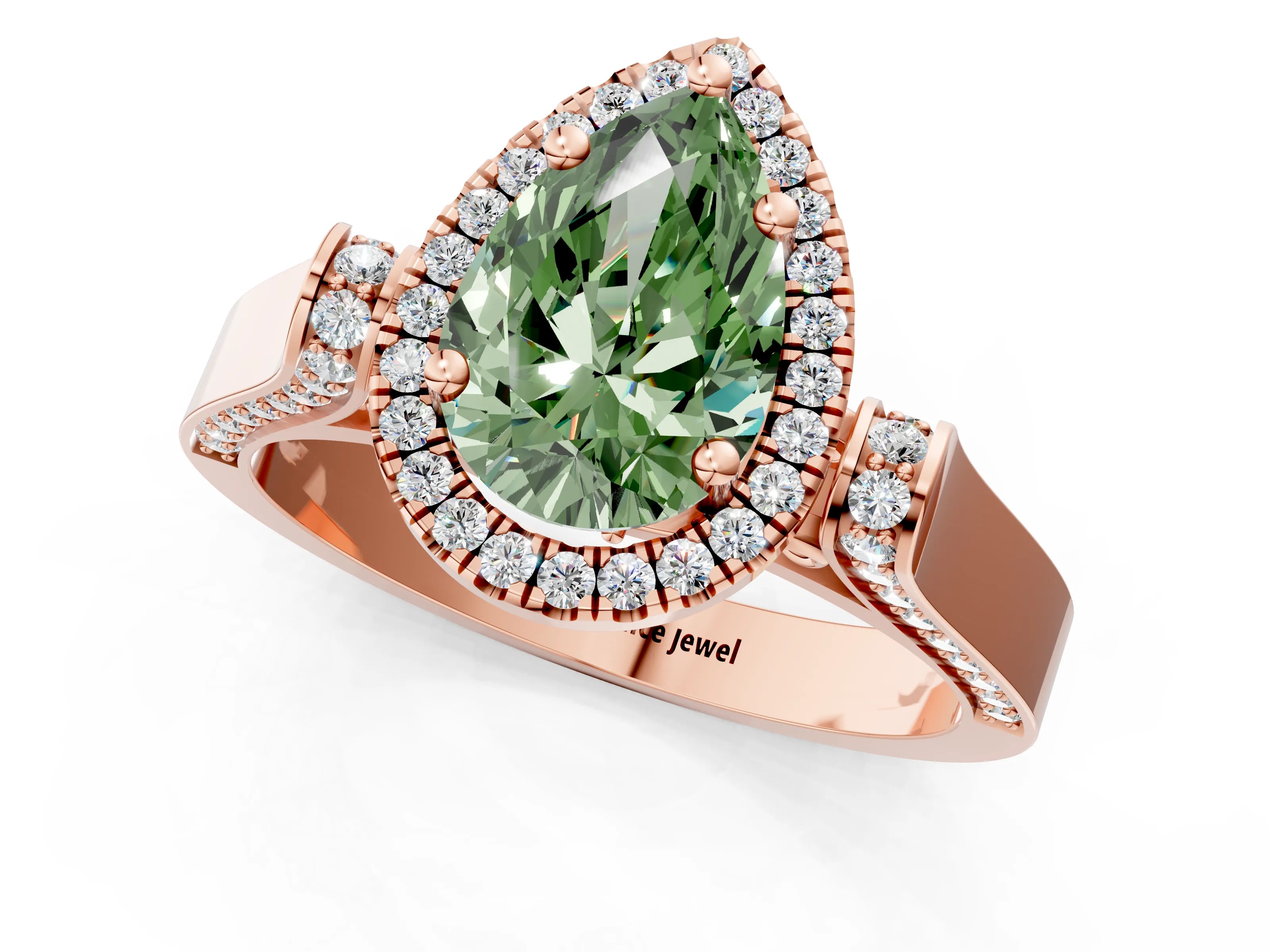 Rose gold Fancy Green Pear Cut Halo Round Diamond Twist Band with Four-Prong Setting_1