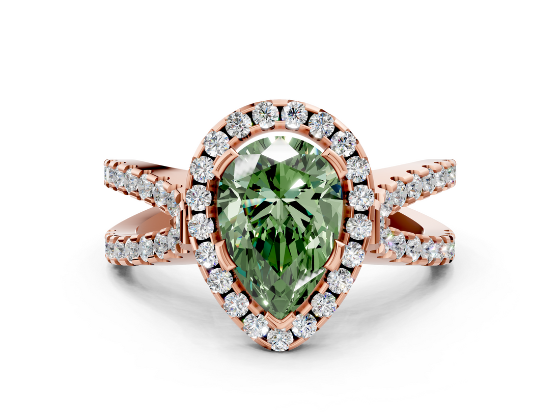 Rose gold Fancy Green Pear  Cut Halo Split Shank Pave Set Ring_61