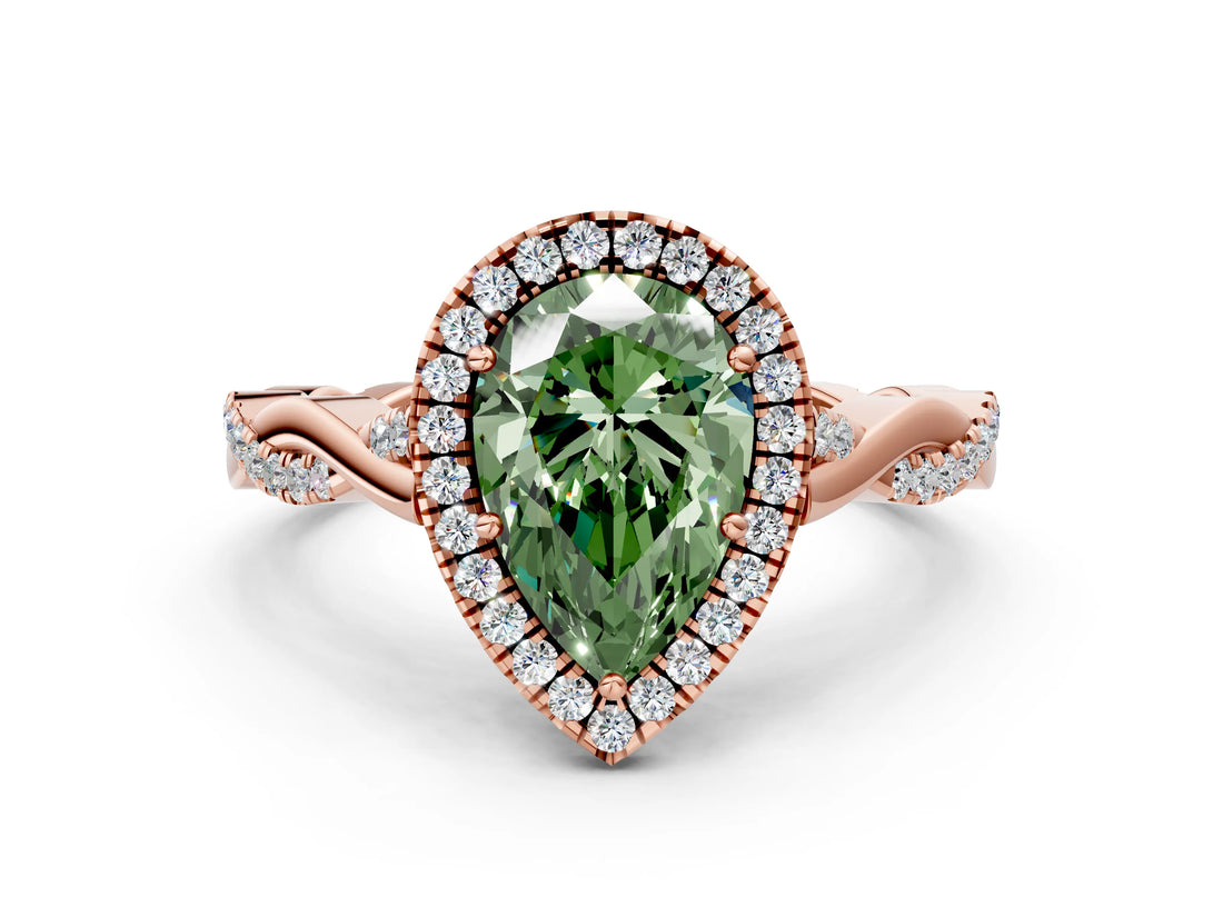Rose gold Fancy Green Pear Cut Halo Twist Band with Four-Prong Setting_12