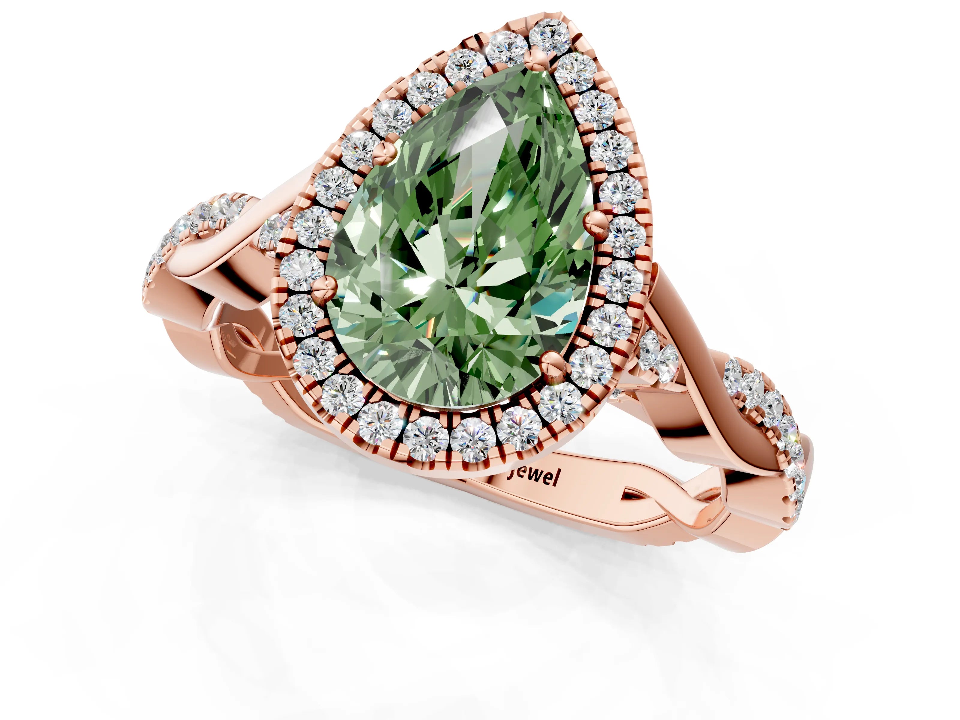 Rose gold Fancy Green Pear Cut Halo Twist Band with Four-Prong Setting_13