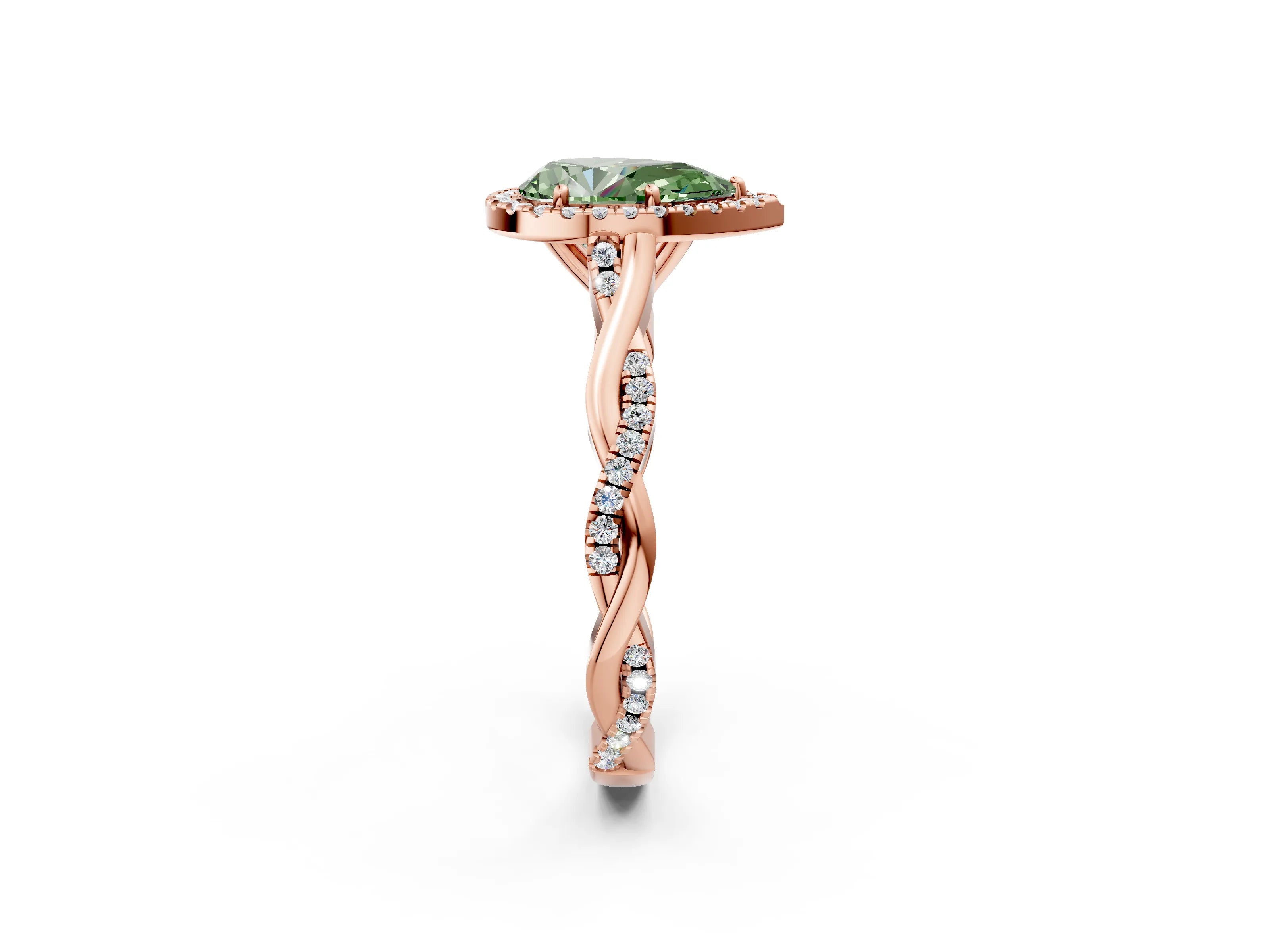Rose gold Fancy Green Pear Cut Halo Twist Band with Four-Prong Setting_14