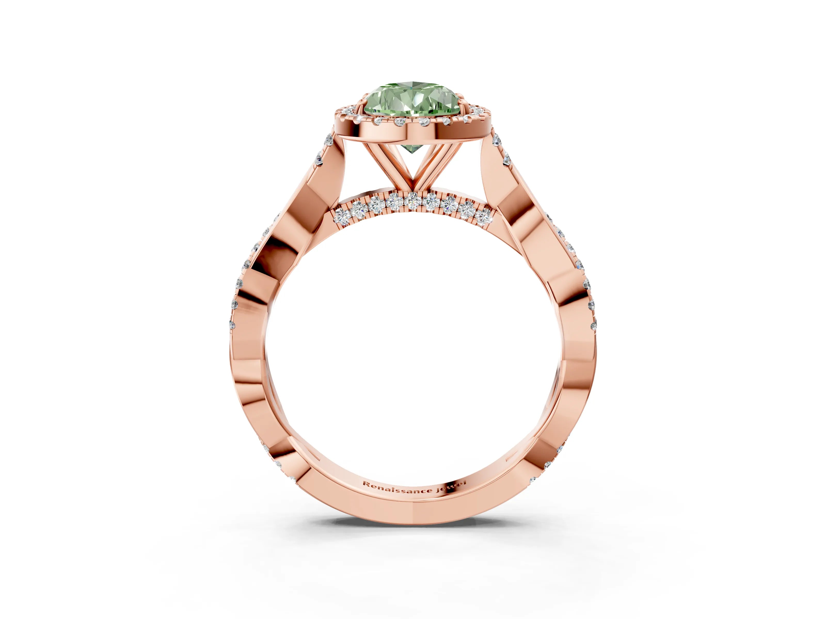 Rose gold Fancy Green Pear Cut Halo Twist Band with Four-Prong Setting_15