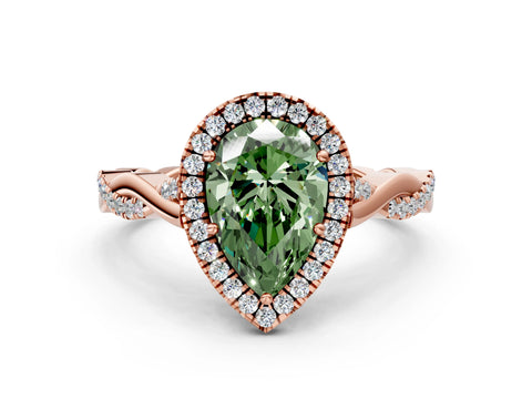 Rose gold Fancy Green Pear Cut Halo Twist Band with Four-Prong Setting