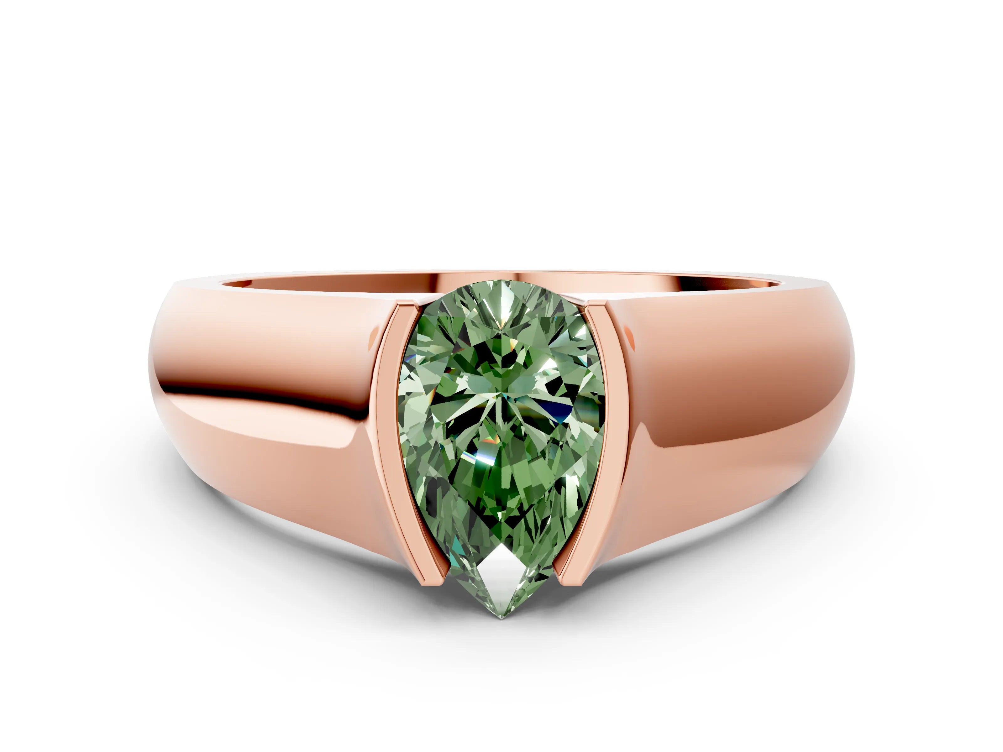 Rose gold Fancy Green Pear Cut Solitaire Bezel Set Diamond Ring with Wide Band