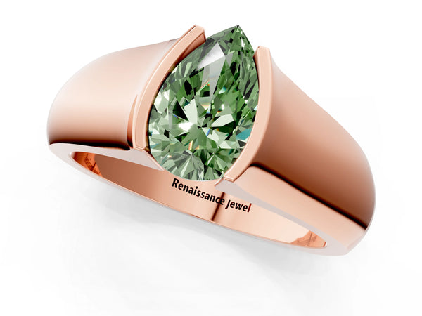 Rose gold Fancy Green Pear Cut Solitaire Bezel Set Diamond Ring with Wide Band