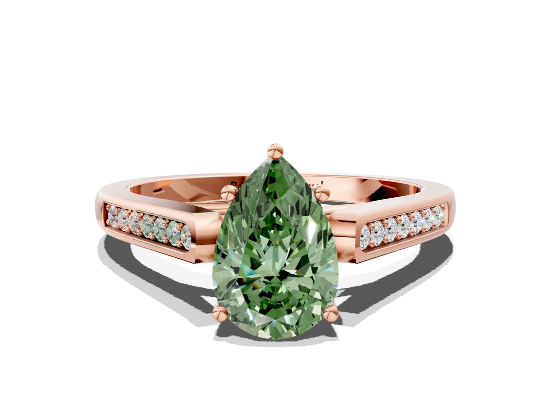 Rose gold Fancy Green Pear Cut Solitaire Cathedral Diamond Engagement Ring with Channel-Set Band and Four-Prong Setting_3