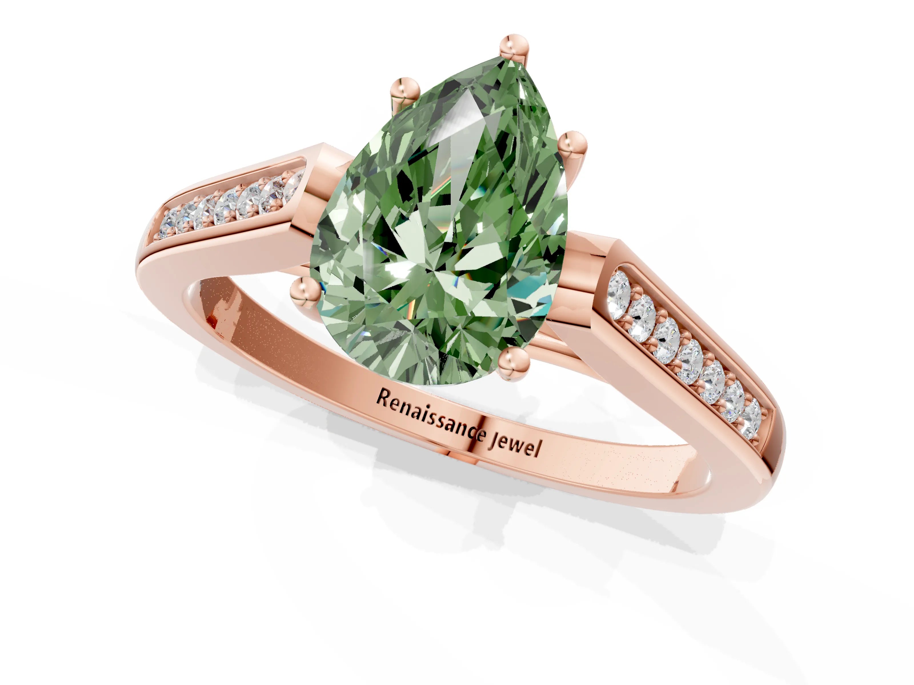 Rose gold Fancy Green Pear Cut Solitaire Cathedral Diamond Engagement Ring with Channel-Set Band and Four-Prong Setting_4