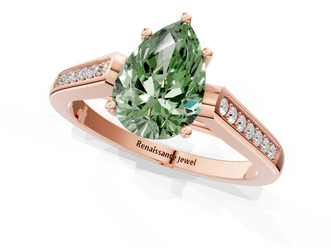 Rose gold Fancy Green Pear Cut Solitaire Cathedral Diamond Engagement Ring with Channel-Set Band and Four-Prong Setting_4