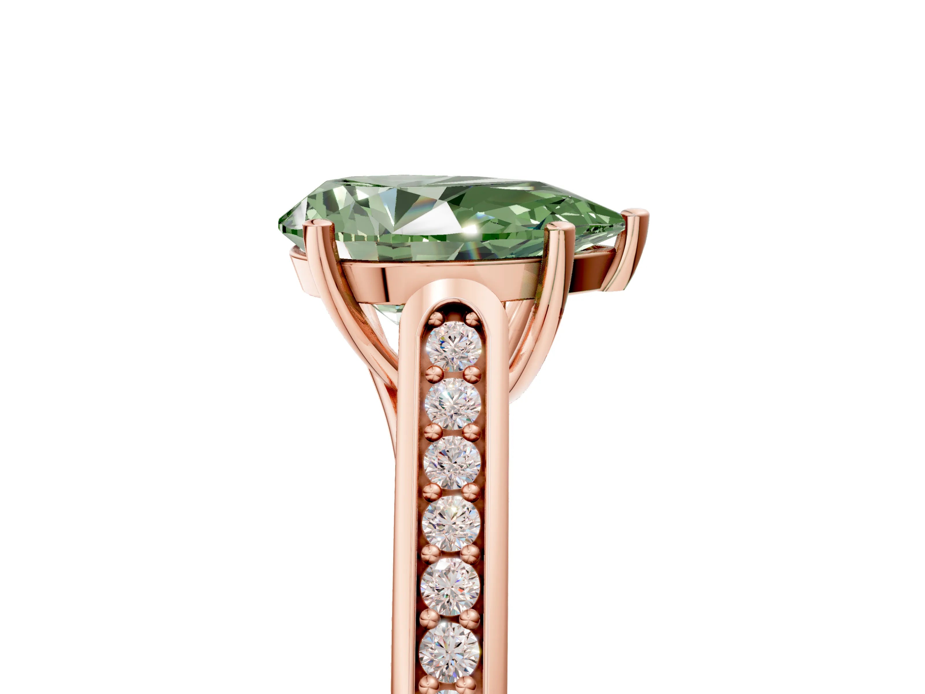 Rose gold Fancy Green Pear Cut Solitaire Cathedral Diamond Engagement Ring with Channel-Set Band and Four-Prong Setting_8
