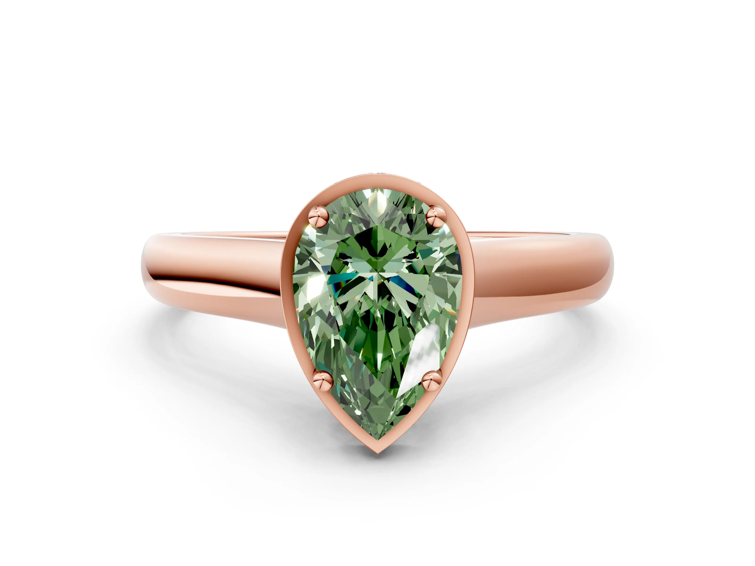 Rose gold Fancy Green Pear Cut Solitaire Diamond Engagement Ring with Four-Prong Setting and Tapered Band