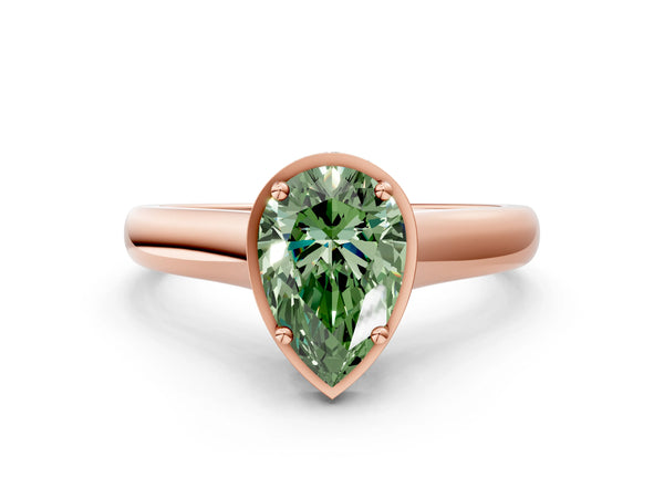 Rose gold Fancy Green Pear Cut Solitaire Diamond Engagement Ring with Four-Prong Setting and Tapered Band