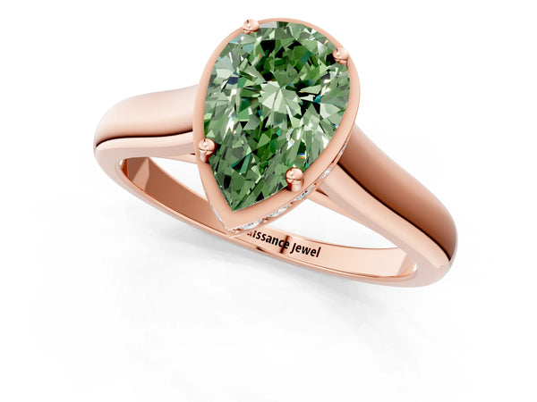 Rose gold Fancy Green Pear Cut Solitaire Diamond Engagement Ring with Four-Prong Setting and Tapered Band