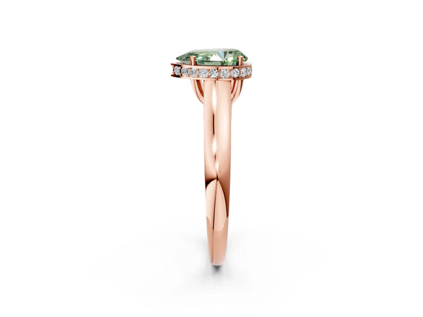 Rose gold Fancy Green Pear Cut Solitaire Diamond Engagement Ring with Four-Prong Setting and Tapered Band