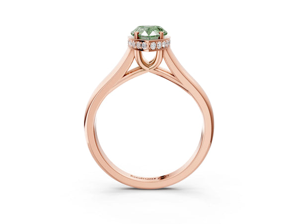 Rose gold Fancy Green Pear Cut Solitaire Diamond Engagement Ring with Four-Prong Setting and Tapered Band