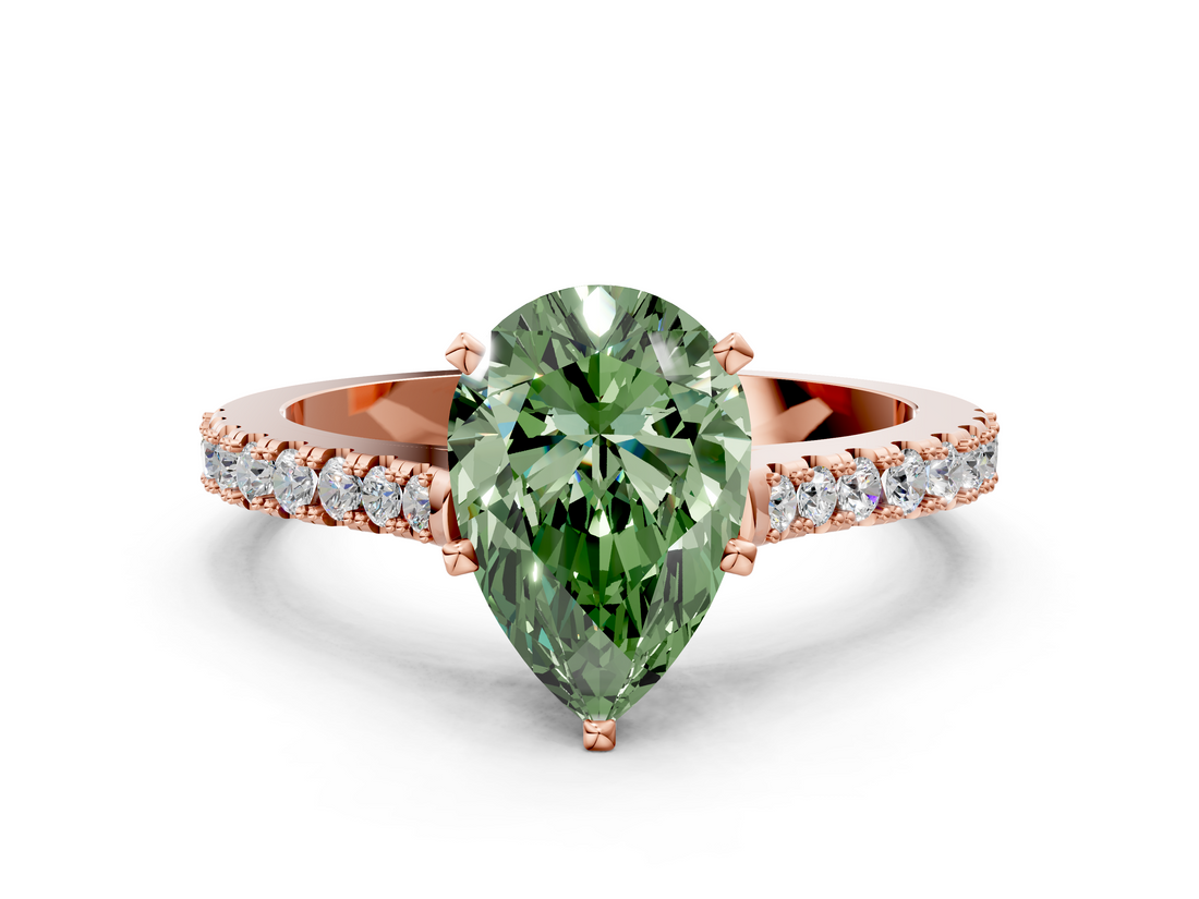 Rose gold Fancy Green Pear  Cut Solitaire Diamond Engagement Ring with Pave Band and Four-Prong Setting_159