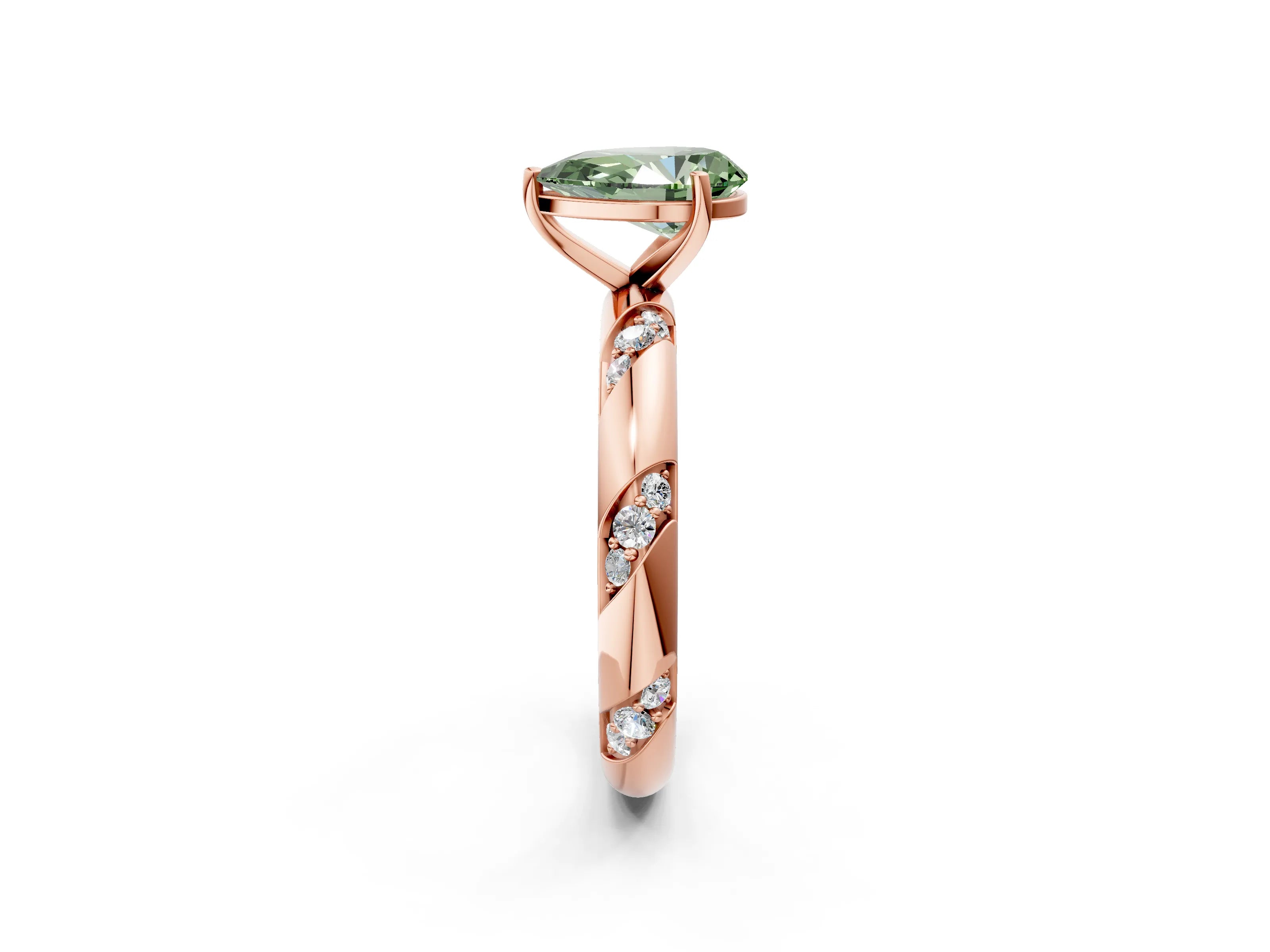 Rose gold Fancy Green Pear Cut Solitaire Diamond Engagement Ring with Twisted Pave Band and Four-Prong Setting_5