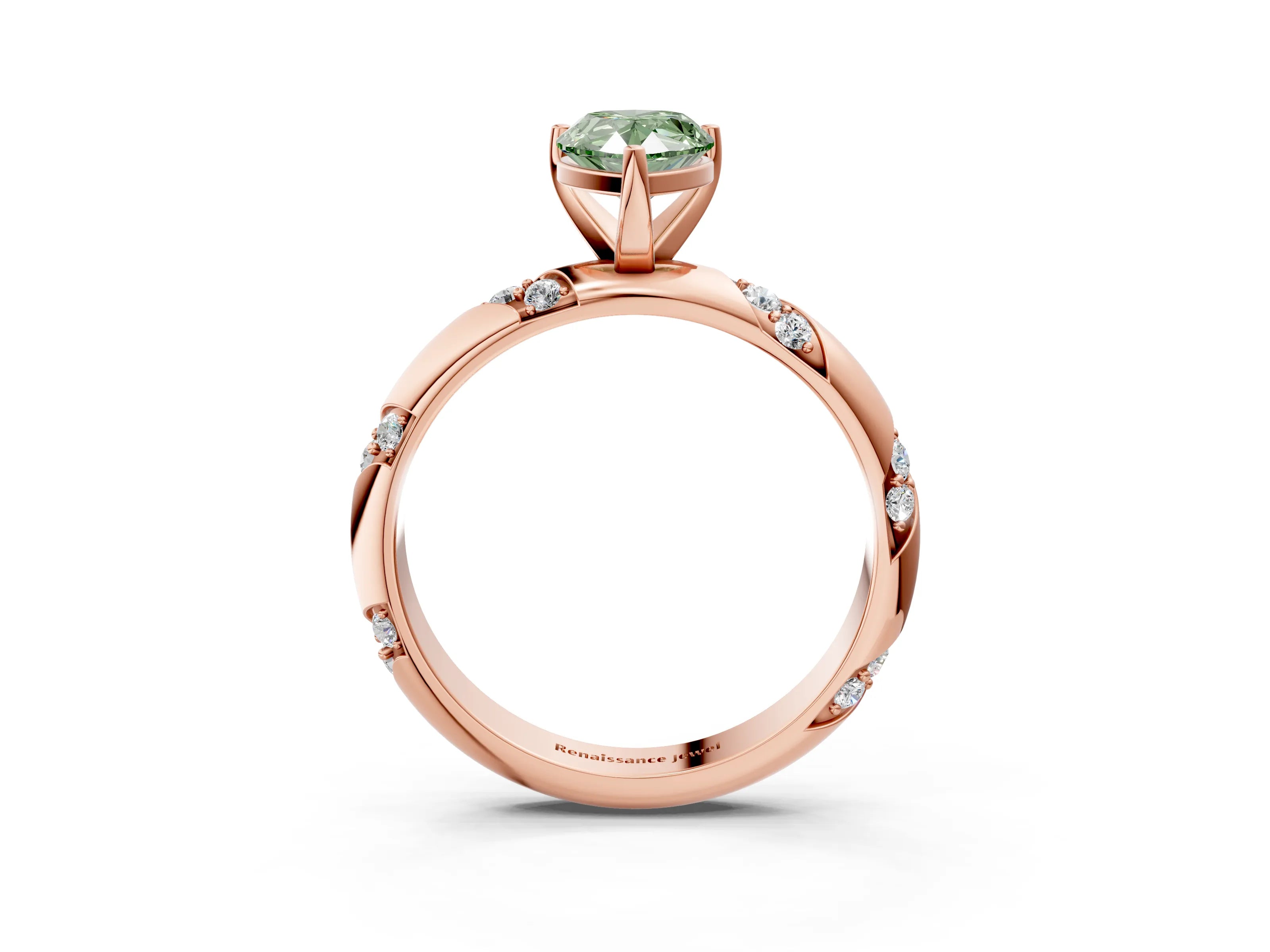 Rose gold Fancy Green Pear Cut Solitaire Diamond Engagement Ring with Twisted Pave Band and Four-Prong Setting_6