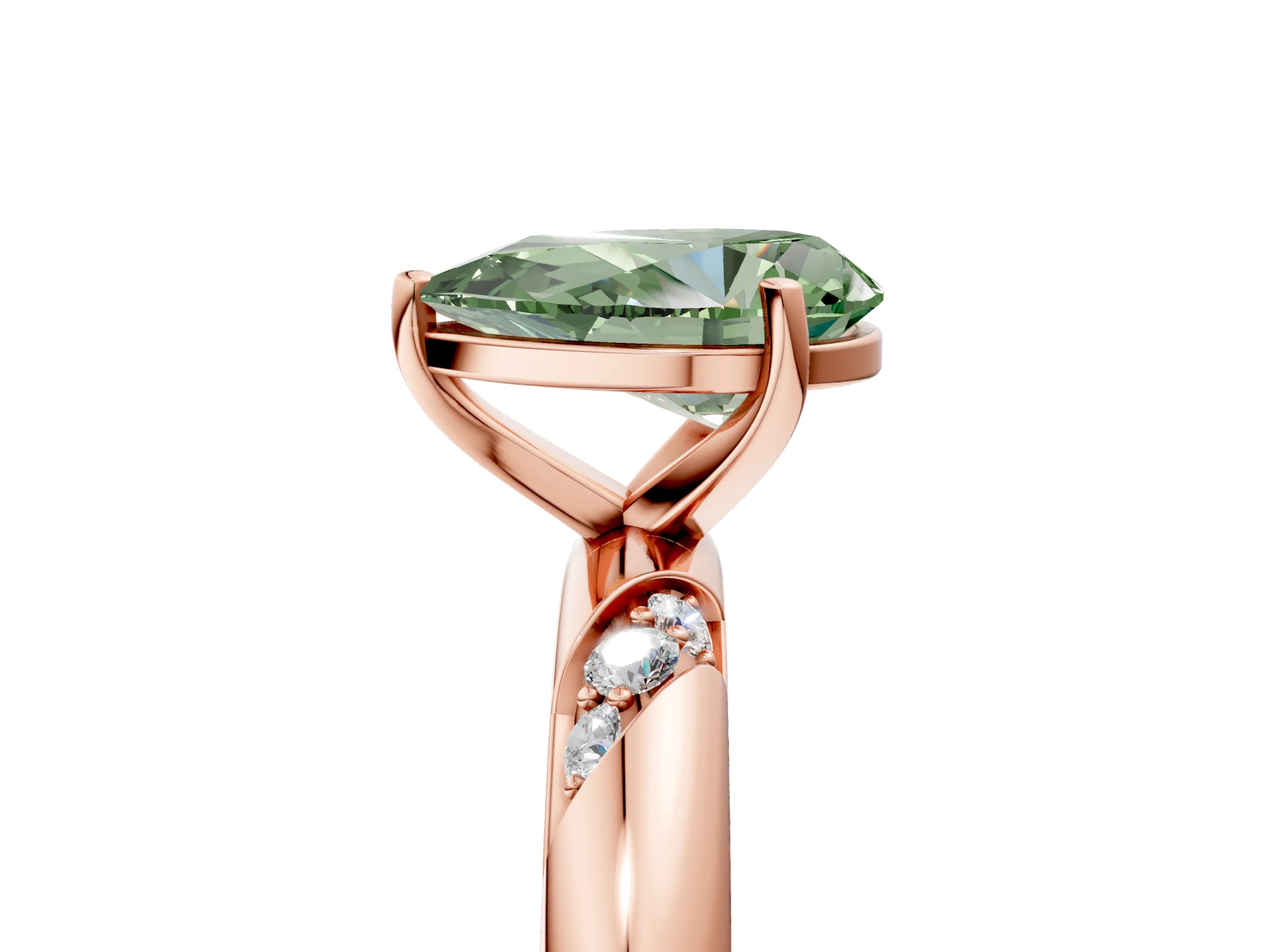 Rose gold Fancy Green Pear Cut Solitaire Diamond Engagement Ring with Twisted Pave Band and Four-Prong Setting_8