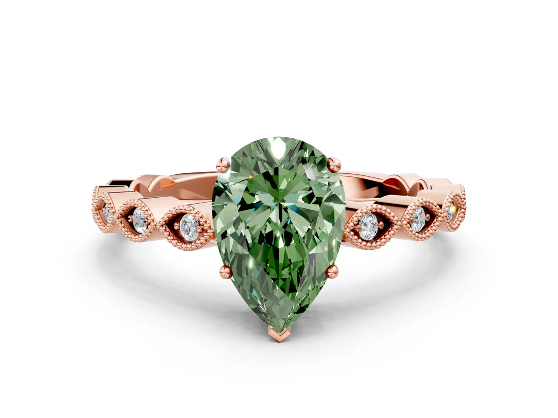 Rose gold Fancy Green Pear Cut Solitaire Diamond Ring with Infinity Twist Band and Four-Prong Setting