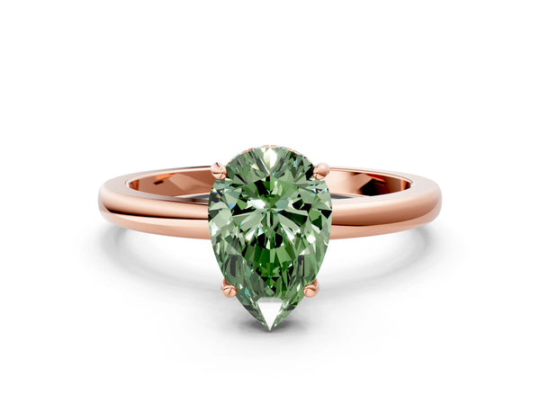 Rose gold Fancy Green Pear Cut Solitaire Diamond Ring with Prong Setting and Plain Band