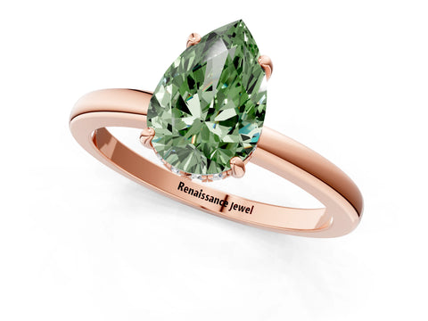 Rose gold Fancy Green Pear Cut Solitaire Diamond Ring with Prong Setting and Plain Band_1