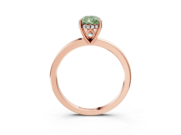 Rose gold Fancy Green Pear Cut Solitaire Diamond Ring with Prong Setting and Plain Band