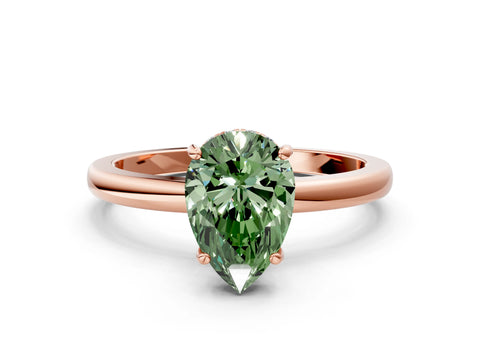 Rose gold Fancy Green Pear Cut Solitaire Diamond Ring with Prong Setting and Plain Band