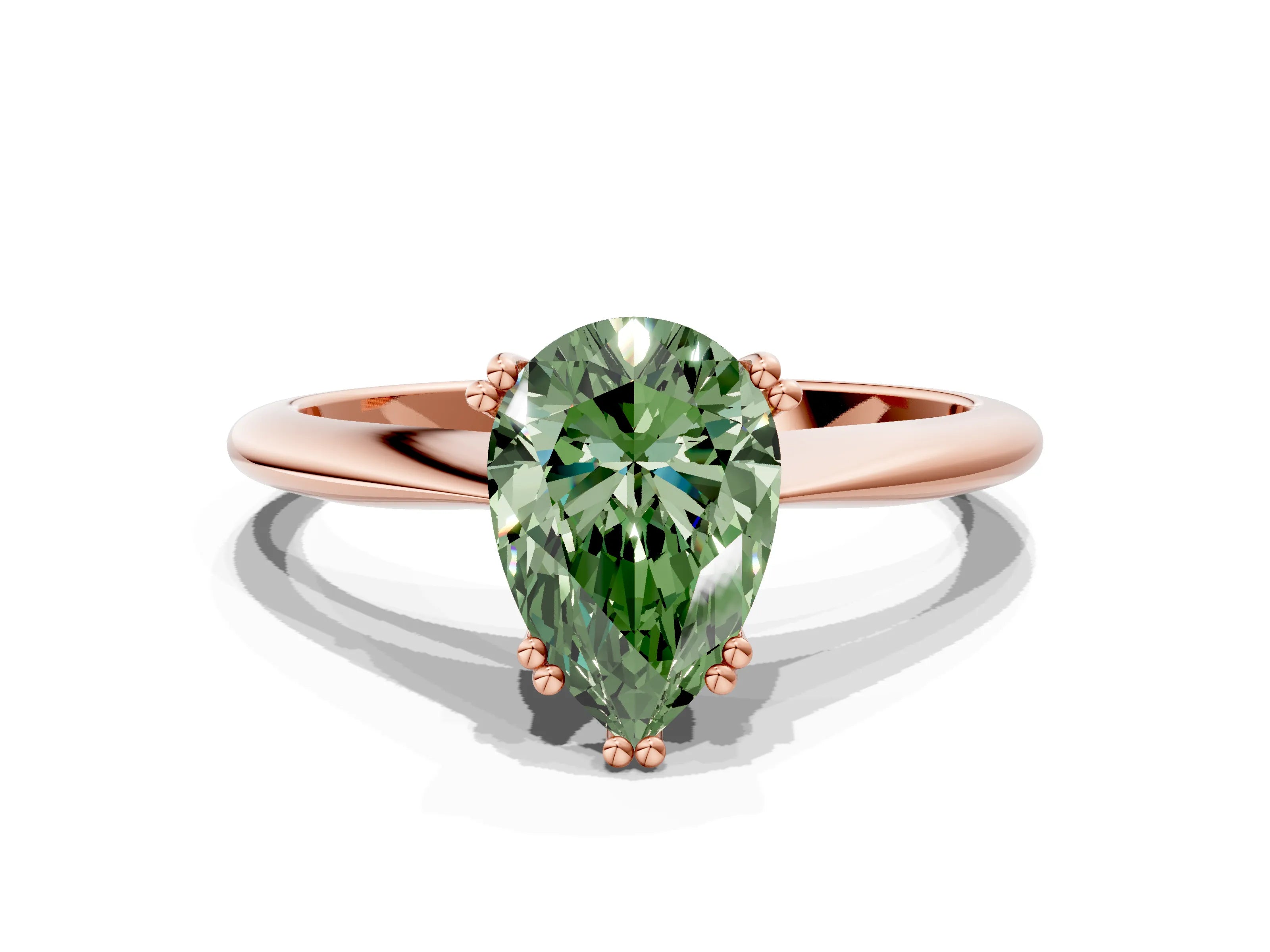 Rose gold Fancy Green Pear Cut Solitaire Diamond Ring with Six-Prong Setting and Classic Band