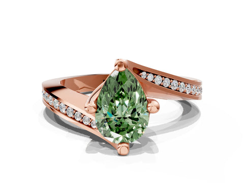 Rose gold Fancy Green Pear Cut Solitaire Diamond Twist Band with Pavé Setting and Four-Prong Setting