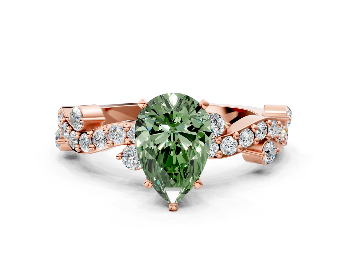 Rose gold Fancy Green Pear  Cut Solitaire Diamond Twisted Band with Pave Setting_45