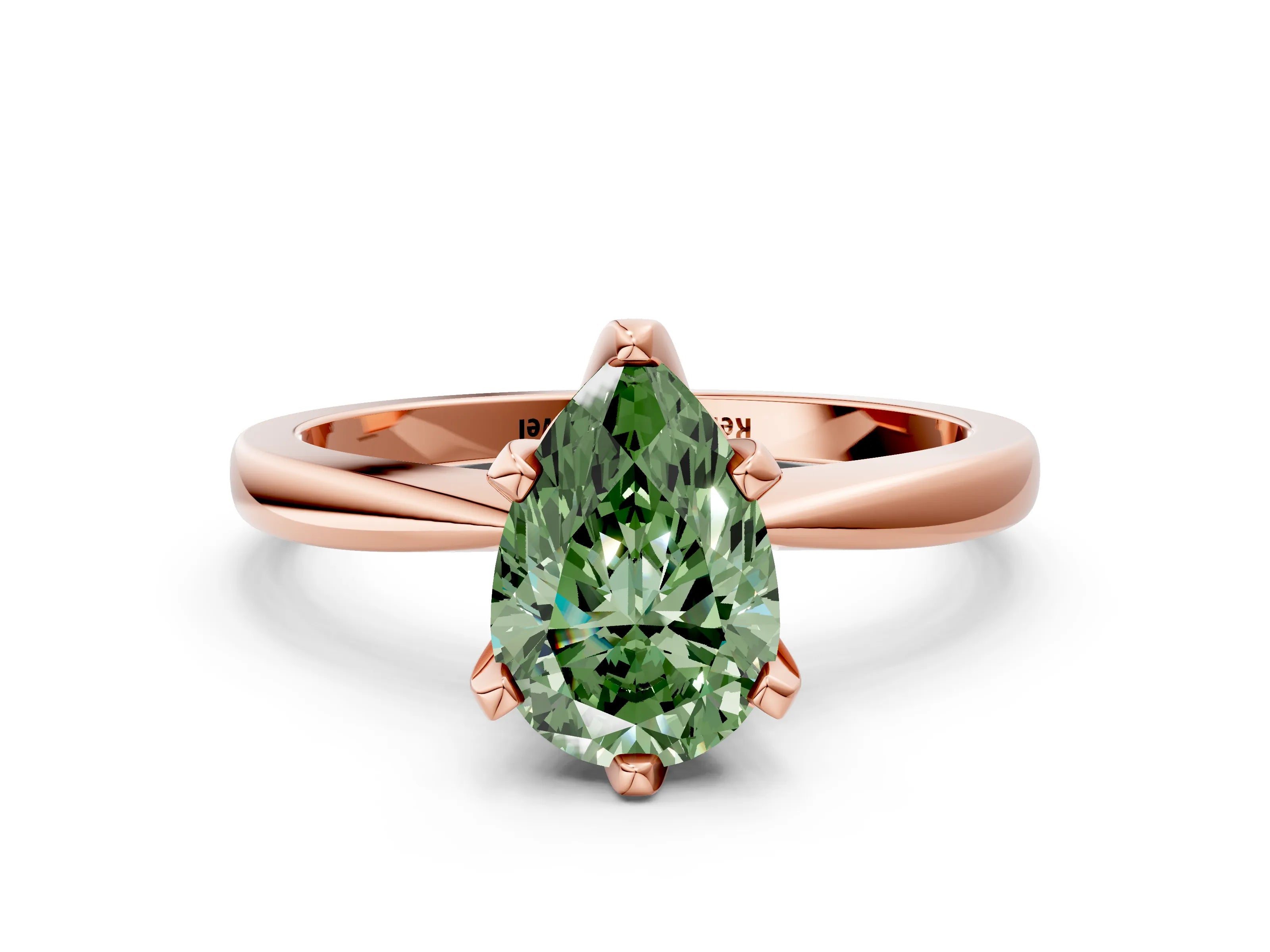 Rose gold Fancy Green Pear Cut Solitaire Engagement Ring with Six-Prong Setting and Tapered Band