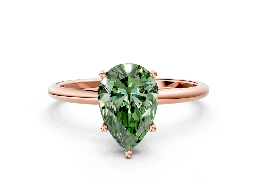 Rose gold Fancy Green Pear  Cut Solitaire Engagement Ring with Thin Band and Four-Prong Setting