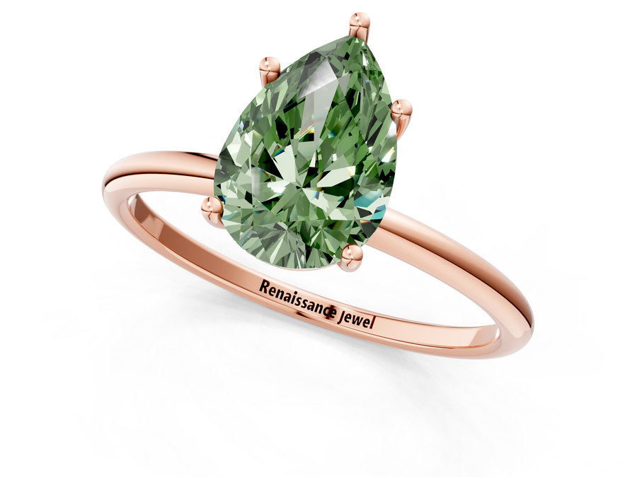 Rose gold Fancy Green Pear  Cut Solitaire Engagement Ring with Thin Band and Four-Prong Setting