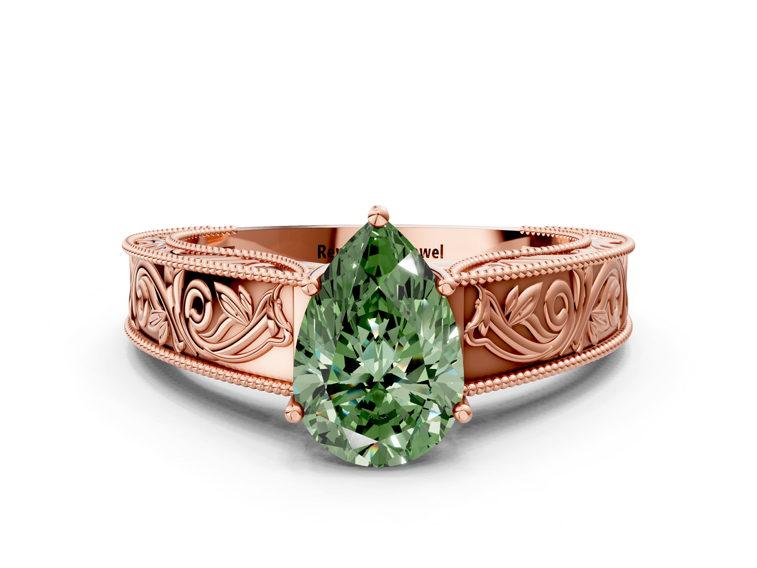 Rose gold Fancy Green Pear  Cut Solitaire Engraved Band with Four-Prong Setting_80