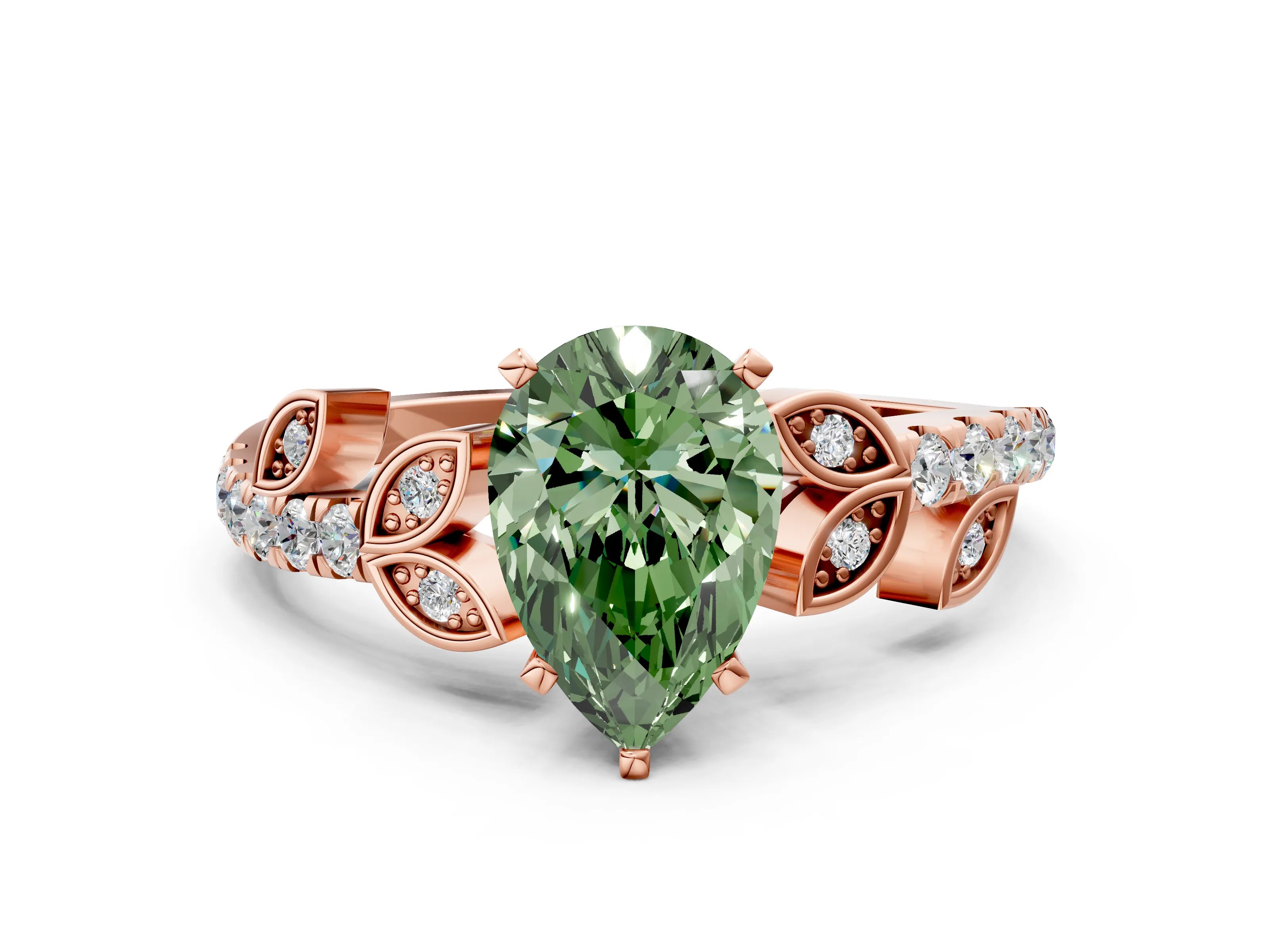 Rose gold Fancy Green Pear Cut Solitaire Leaf-Inspired Diamond Ring with Pavé Band and Four-Prong Setting