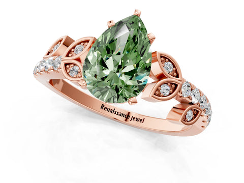 Rose gold Fancy Green Pear Cut Solitaire Leaf-Inspired Diamond Ring with Pavé Band and Four-Prong Setting_1