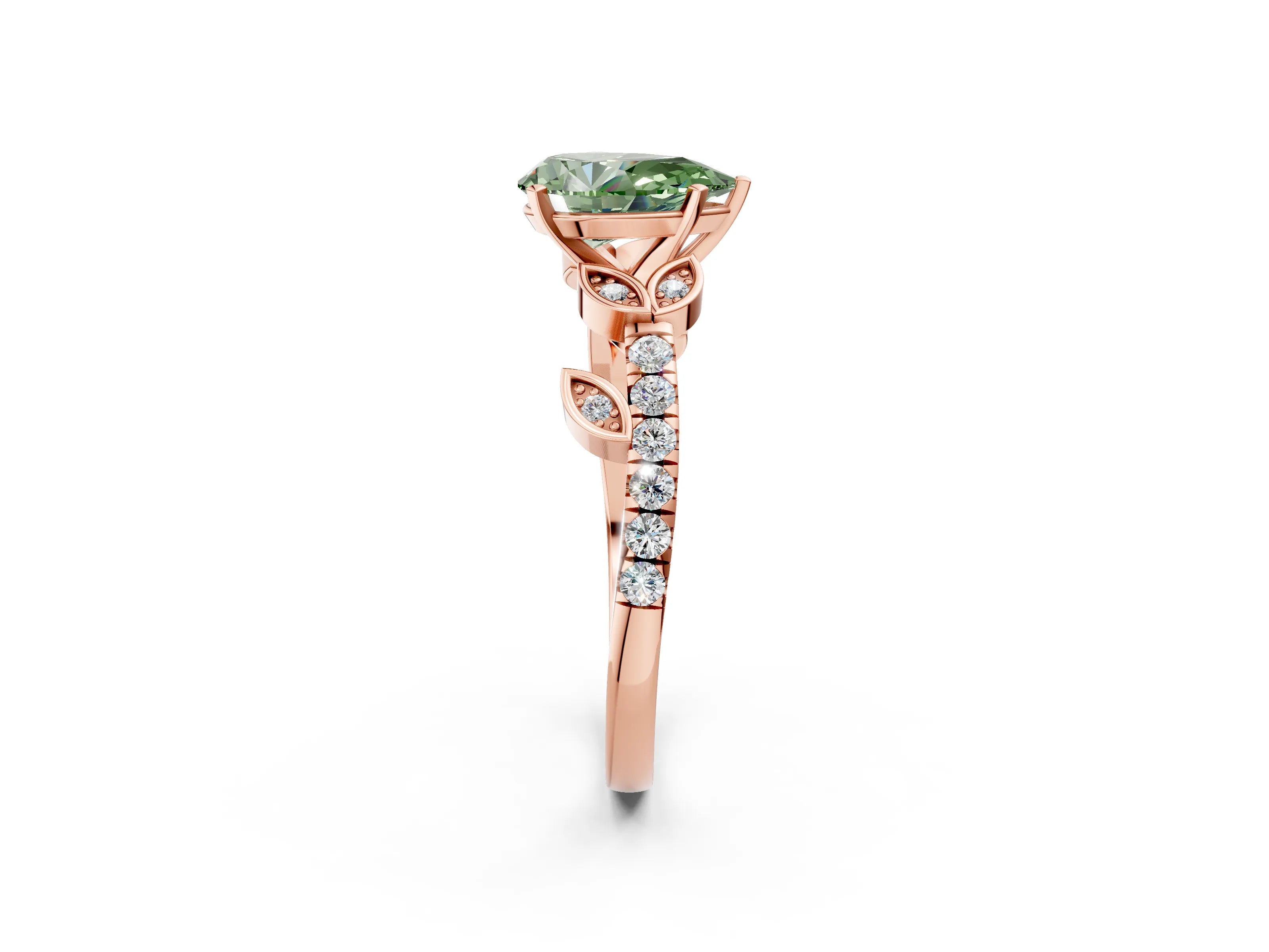 Rose gold Fancy Green Pear Cut Solitaire Leaf-Inspired Diamond Ring with Pavé Band and Four-Prong Setting_2
