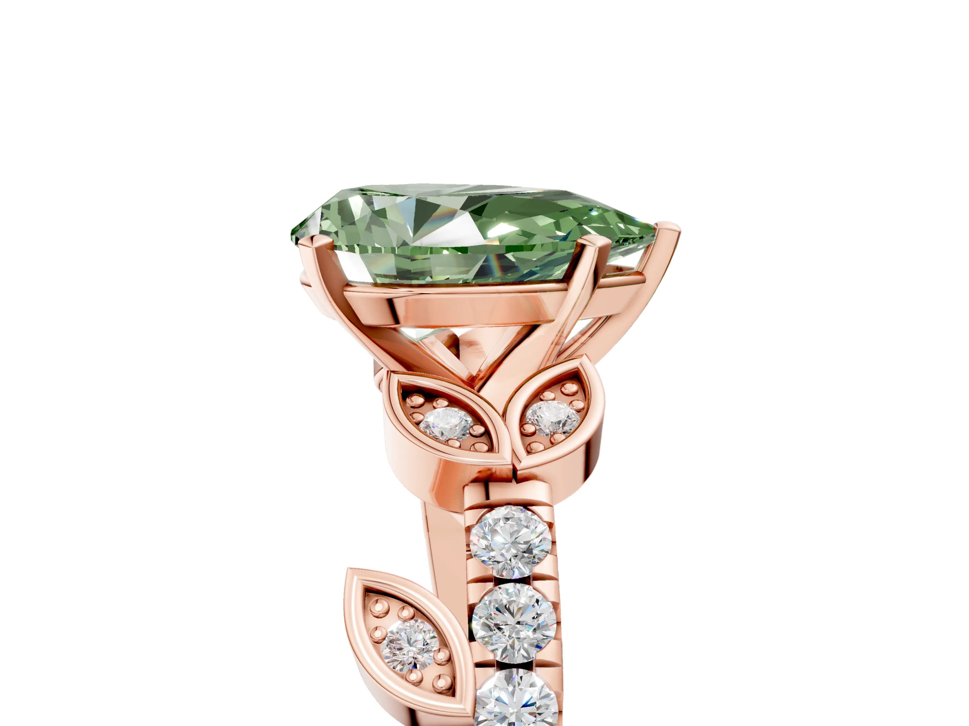 Rose gold Fancy Green Pear Cut Solitaire Leaf-Inspired Diamond Ring with Pavé Band and Four-Prong Setting_5