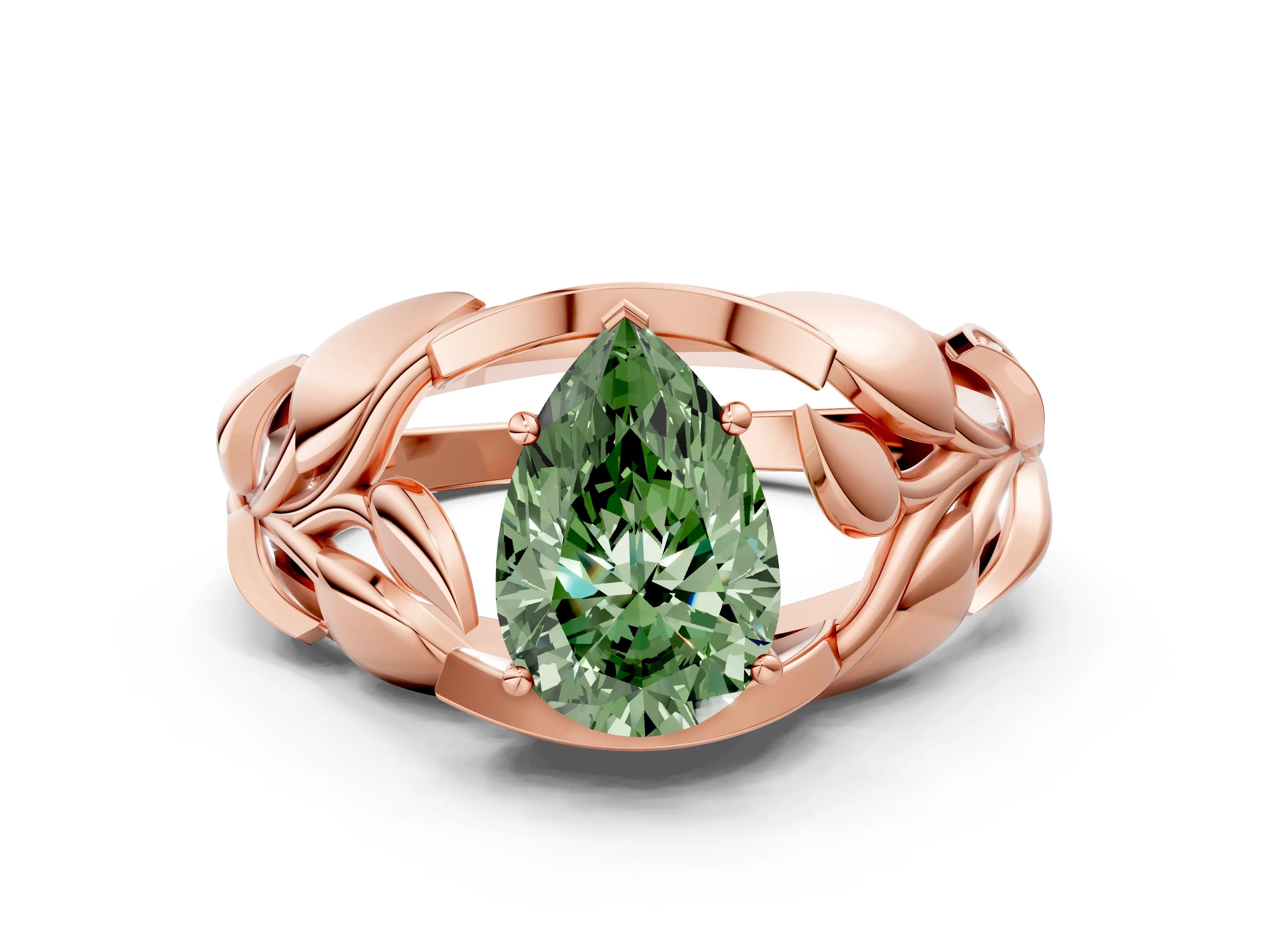 Rose gold Fancy Green Pear Cut Solitaire Leaf-Inspired Engagement Ring with Prong Setting