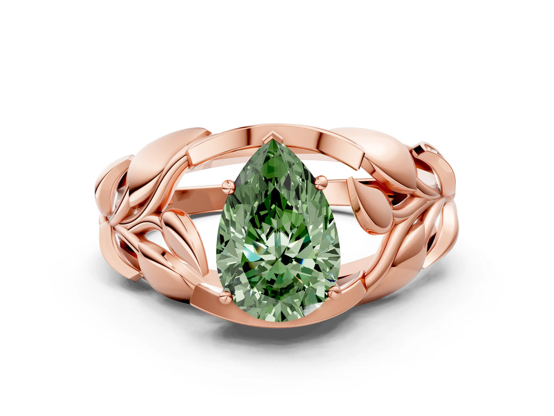 Rose gold Fancy Green Pear Cut Solitaire Leaf-Inspired Engagement Ring with Prong Setting_12