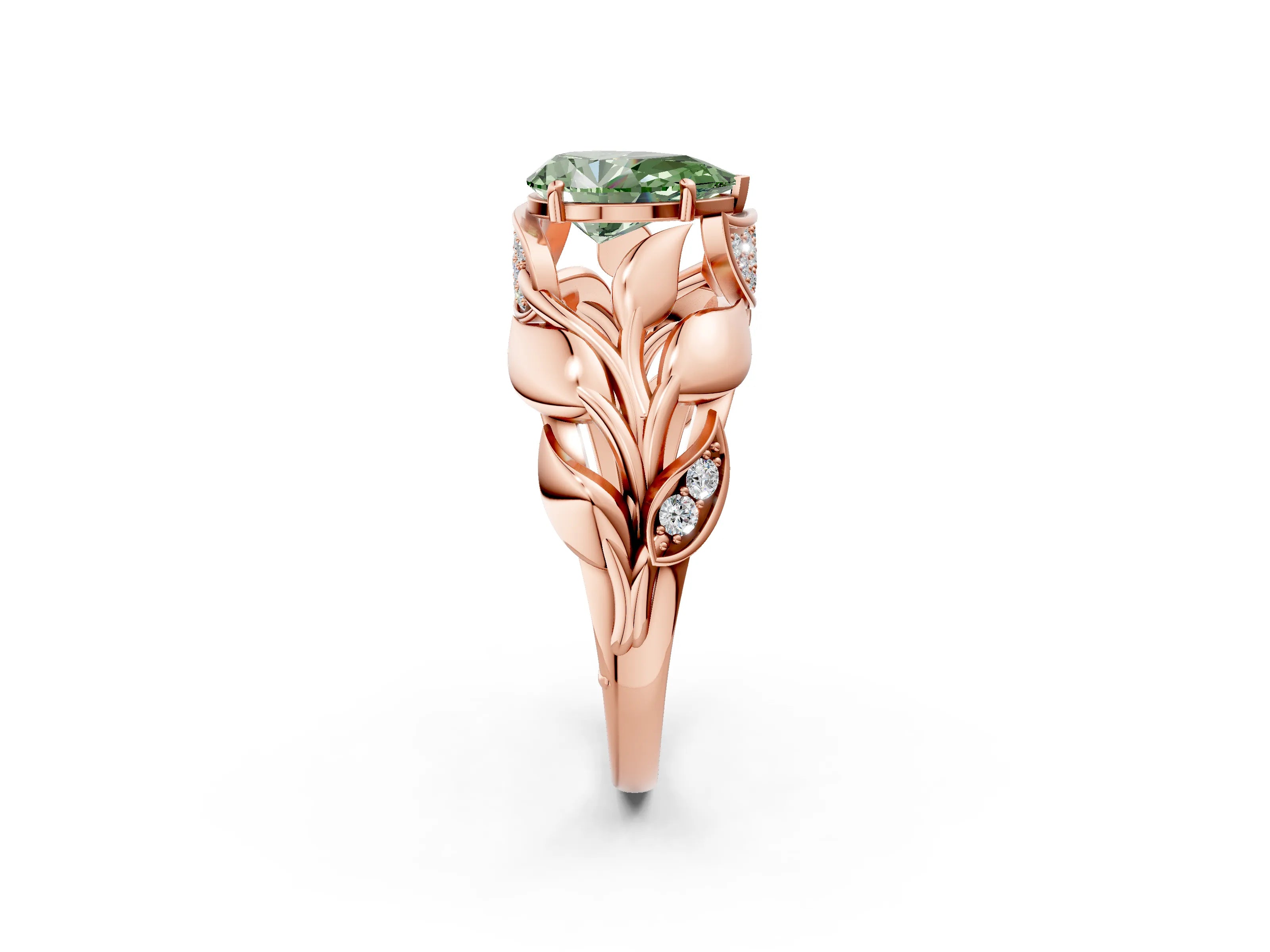 Rose gold Fancy Green Pear Cut Solitaire Leaf-Inspired Engagement Ring with Prong Setting_2