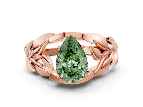 Rose gold Fancy Green Pear Cut Solitaire Leaf-Inspired Engagement Ring with Prong Setting