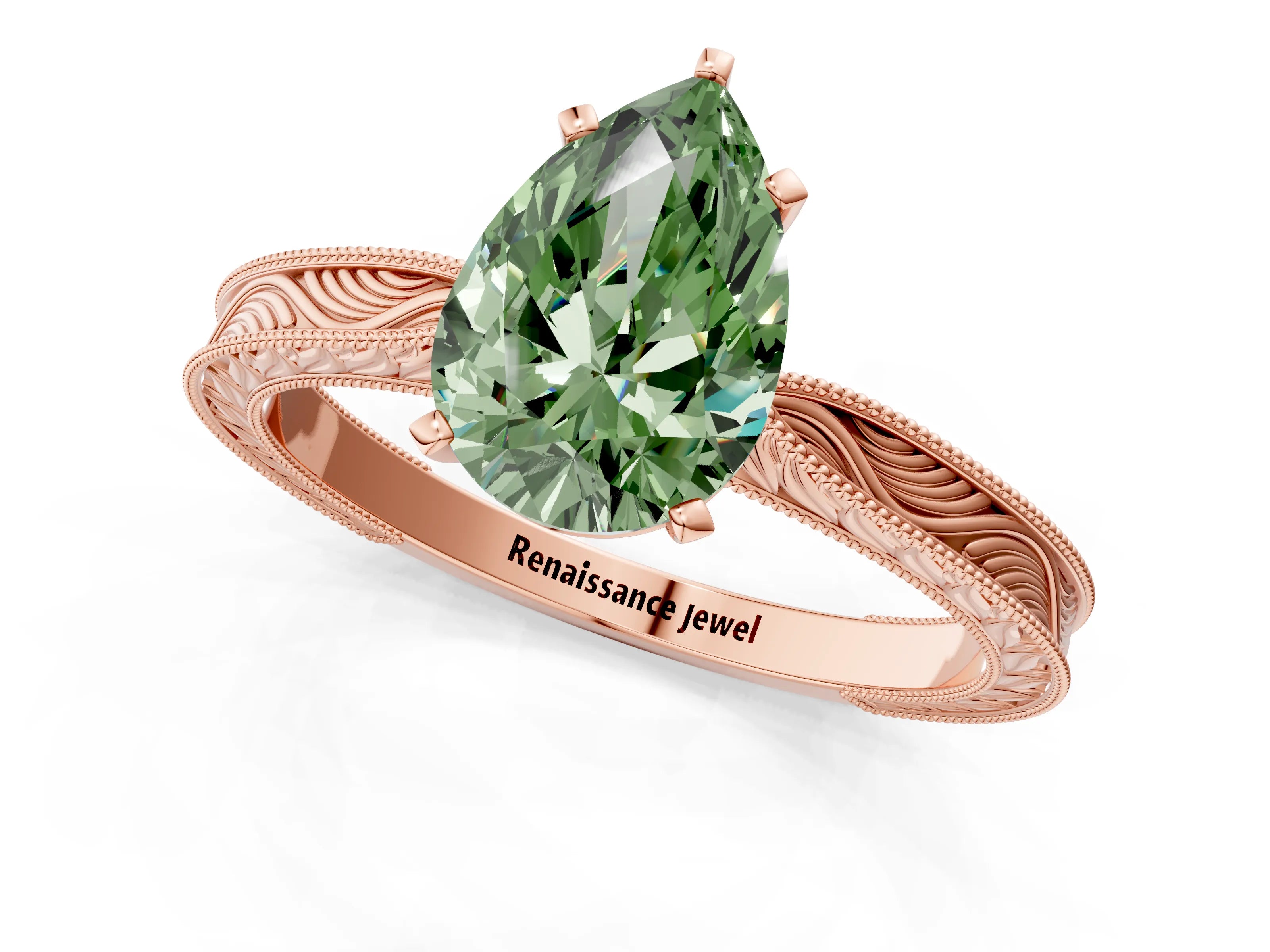 Rose gold Fancy Green Pear Cut Solitaire Milgrain Engraved Band with Four-Prong Setting_1